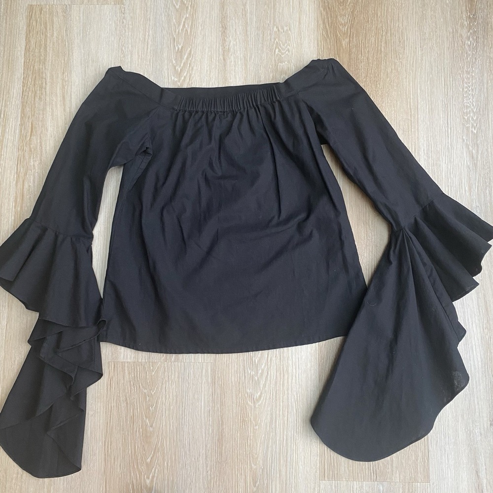 MLM Label Black Off Shoulder Ruffle Statement Bell Sleeves Cotton Boho Blouse S - Picture 11 of 11